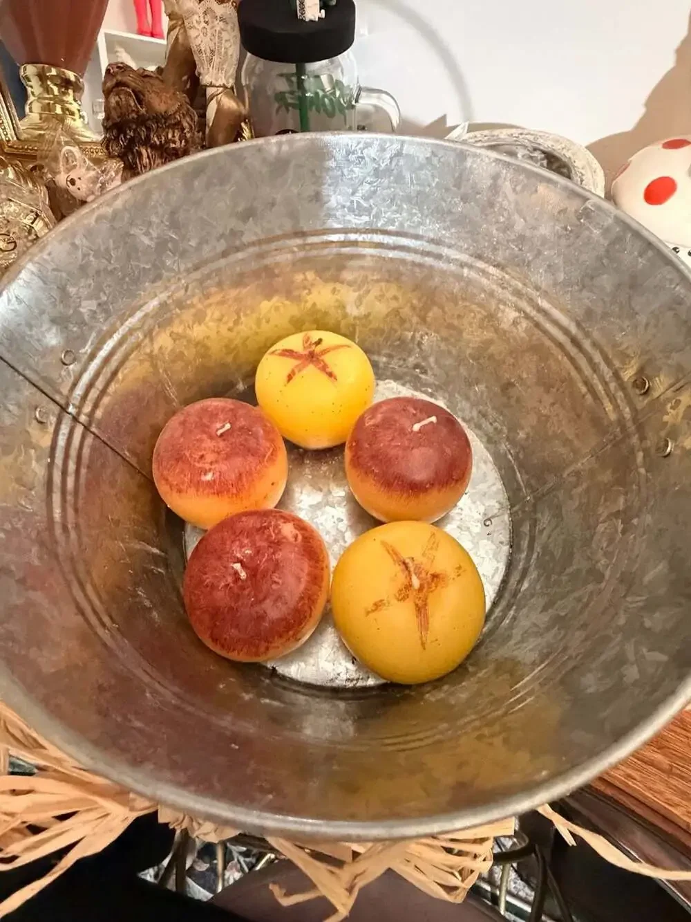 Autumn Fall Decor Bobbing For Apples Floating Candles Rustic Metal Bucket